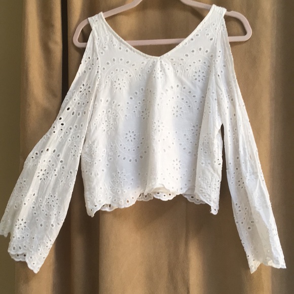 Rebellion Tops - Rebellion White Eyelet Cold shoulder Crop Top Sz L